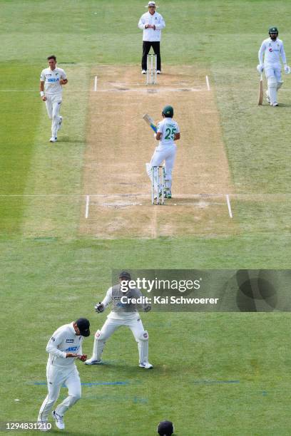 Trent Boult of New Zealand celebrates after dismissing Fawad Alam of Pakistan during day four of the Second Test match in the series between New...