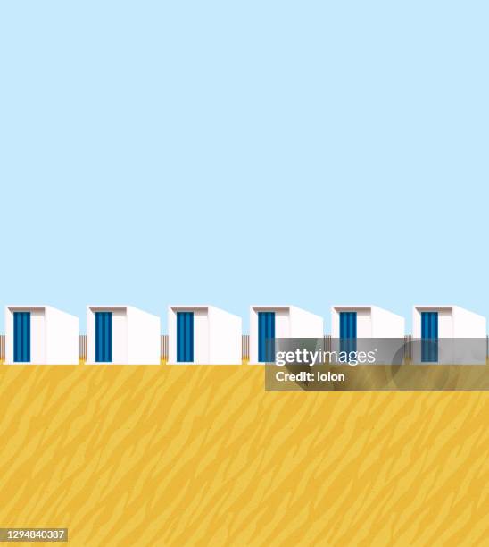 beach huts with blue doors banner - sand dune illustration stock illustrations