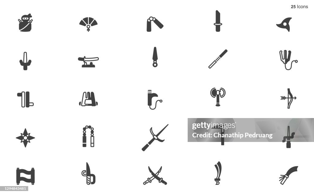 Ninja Icons. Black Flat Design. Vector Illustration. stock illustration Ninja, Weapon, Vector