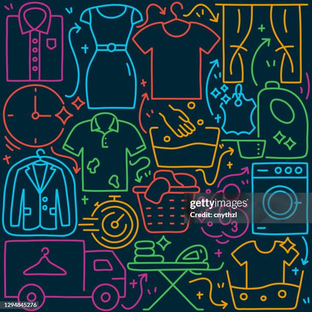 laundry related doodle illustration. hand drawn vector laundry symbol and icons. - laundry hamper stock illustrations
