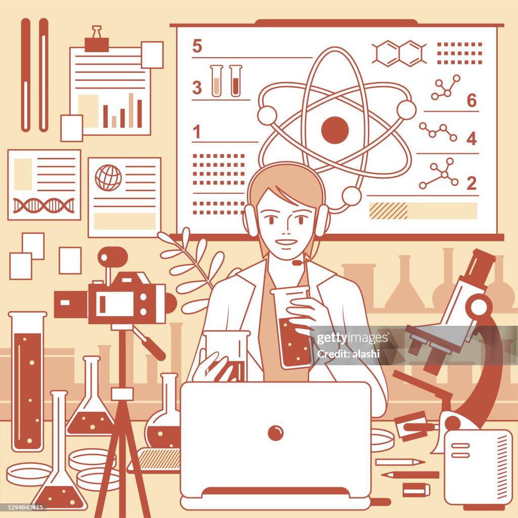 Young female teacher (Scientist, Biochemist) with headphones is remotely teaching science (online class and scientific experiment) using laptop and camera and whiteboard at laboratory (classroom), e-learning and telecommuting concept