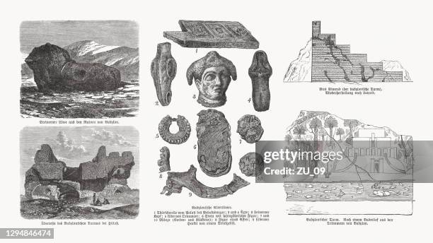 stockillustraties, clipart, cartoons en iconen met archeologische vondsten uit babylonië, mesopotamië, houtgravures, gepubliceerd in 1893 - toren van babel