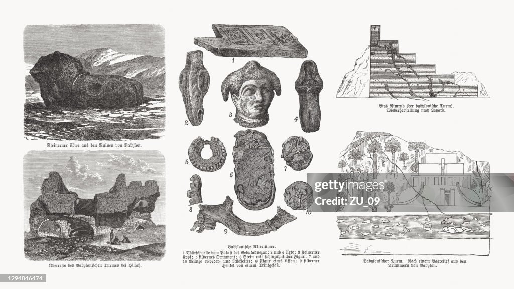 Archaeological finds from Babylonia, Mesopotamia, wood engravings, published in 1893