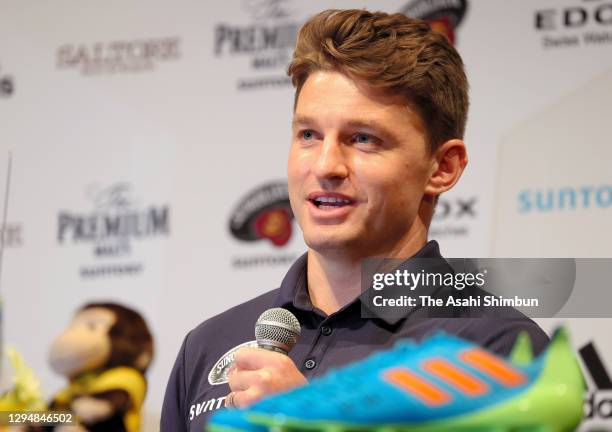 Beauden Barrett of Suntory Sungoliath speaks during a press conference on January 06, 2021 in Tokyo, Japan.