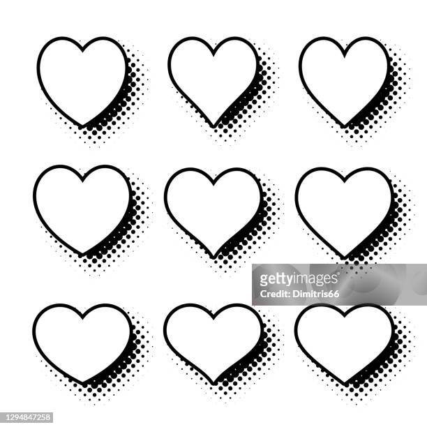 comic book style heart icon set with halftone pattern shadows. - printing press logo stock illustrations