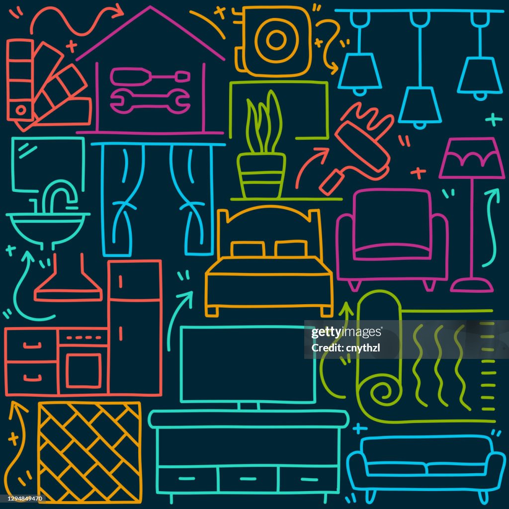Home Decoration And Interior Design Related Doodle Illustration Hand ...