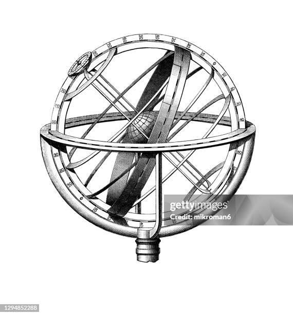 old engraved illustration of equatorial armillary sphere. - captain planet 個照片及圖片檔