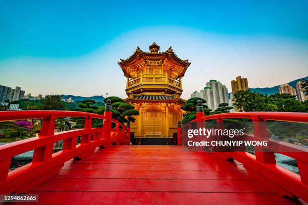 el pabellón dorado de la perfección absoluta en el jardín nan lian, el convento de chi lin, un gran templo budista en hong kong - pagoda templo fotografías e imágenes de stock