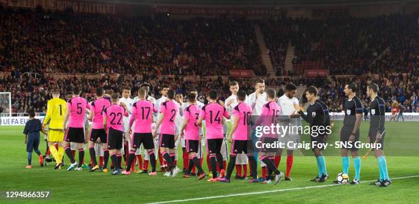 V SCOTLAND U21 .RIVERSIDE STADIUM - MIDDLESBROUGH.England and Scotland players shake hands pre-match