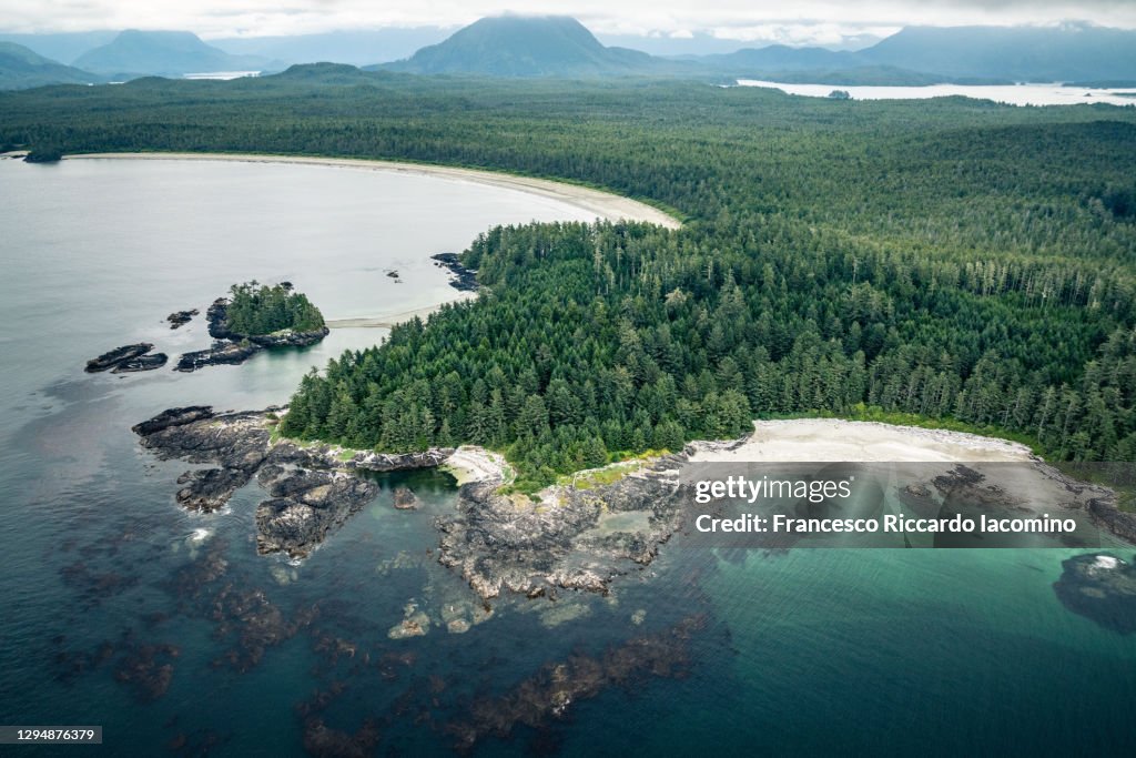Aerial view of Tofino coastline, Pacific Rim National Park, Vancouver Island, British Columbia, Canada.