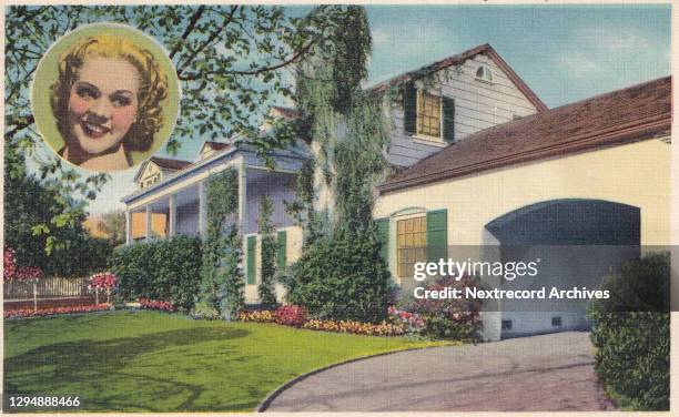 Vintage souvenir postcard published ca 1938 from the Movie Star Homes series, depicting mansions and grand beach estates of Hollywood celebrities in...