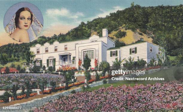 Vintage souvenir postcard published ca 1938 from the Movie Star Homes series, depicting mansions and grand beach estates of Hollywood celebrities in...