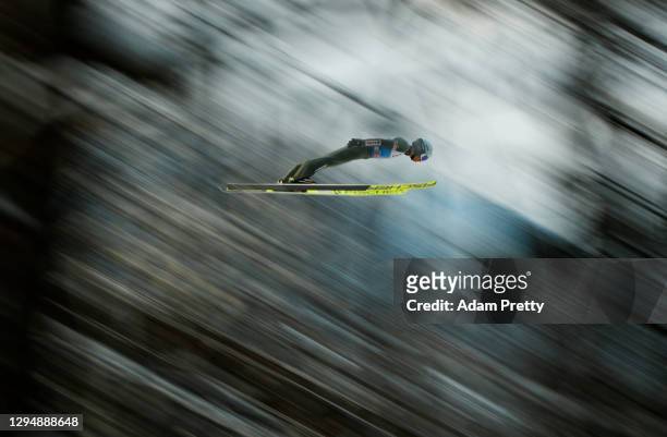 Kamil Stoch of Poland competes during the trial jump at the Four Hills Tournament 2020 Bischofshofen at Paul Ausserleitner Hill on January 06, 2021...