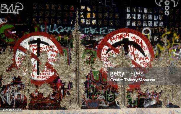 The remains of a painting that shows: 'Do not Pickaxe' is seen on the Berlin wall during the New-Year Eve on December 31 in Berlin, Germany.