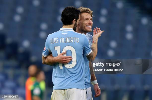 Ciro Immobile of SS Lazio celebrates after scoring their team's second goal Luis Alberto of SS Lazio during the Serie A match between SS Lazio and...