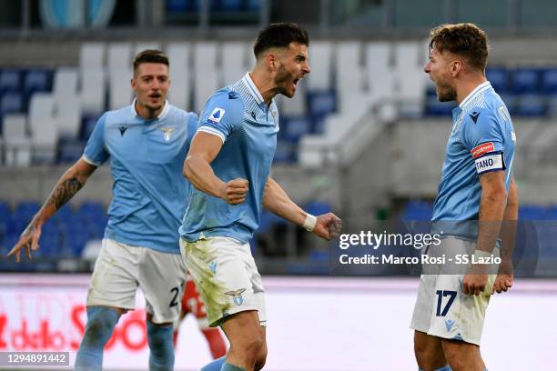 Ciro Immobile of SS Lazio celebrates a second goal with his team mates during the Serie A match between SS Lazio and ACF Fiorentina at Stadio...