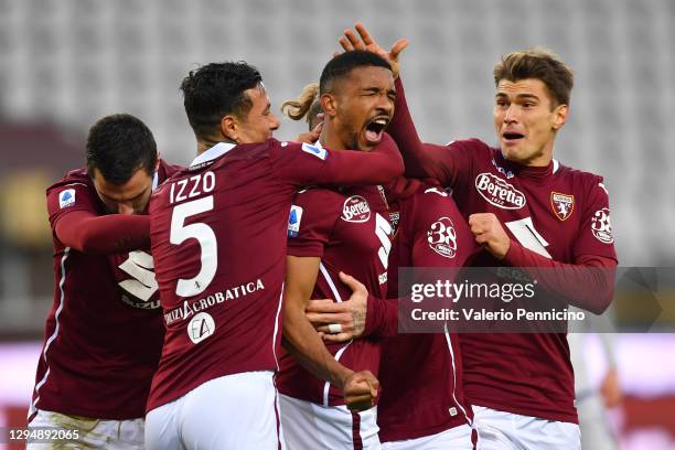 Gleison Bremer of Torino F.C. Celebrates with his team after he scores their team's first goal during the Serie A match between Torino FC and Hellas...