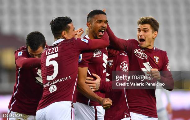 Gleison Bremer of Torino F.C. Celebrates with his team after he scores their team's first goal during the Serie A match between Torino FC and Hellas...
