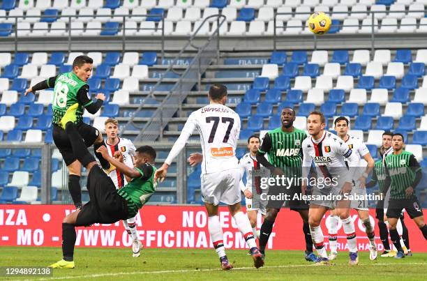 Giacomo Raspadori of Sassuolo scores their team's second goal during the Serie A match between US Sassuolo and Genoa CFC at Mapei Stadium - Città del...