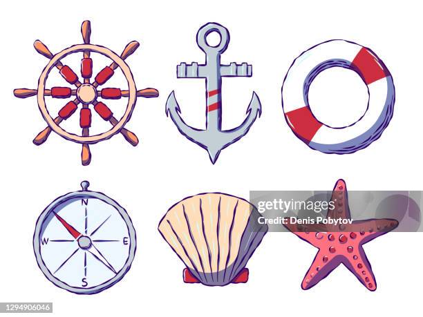 hand-drawn set of icons on the marine theme. - buoy stock illustrations