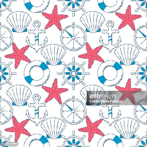 hand-drawn nautical seamless illustration. - scallop pattern stock illustrations