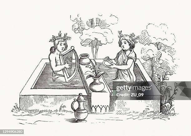 sozialbad im mittelalter, holzstich, erschienen 1893 - taking a bath stock-grafiken, -clipart, -cartoons und -symbole