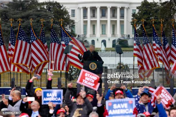President Donald Trump speaks at the "Stop The Steal" Rally on January 06, 2021 in Washington, DC. Trump supporters gathered in the nation's capital...