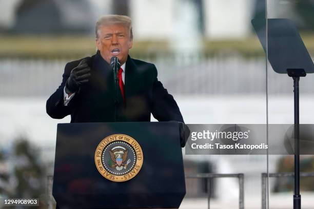 President Donald Trump speaks at the "Stop The Steal" Rally on January 06, 2021 in Washington, DC. Trump supporters gathered in the nation's capital...