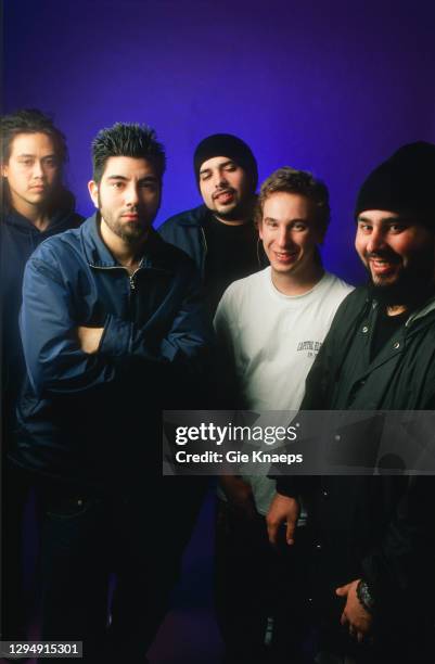 Studio portrait of Deftones, Chino Moreno, Stephen Carpenter, Abe Cunningham, Frank Delgado, Chi Cheng, Vaartkapoen , Brussels, Belgium, 22nd January...