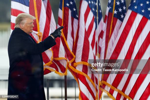 President Donald Trump greets the crowd at the "Stop The Steal" Rally on January 06, 2021 in Washington, DC. Trump supporters gathered in the...