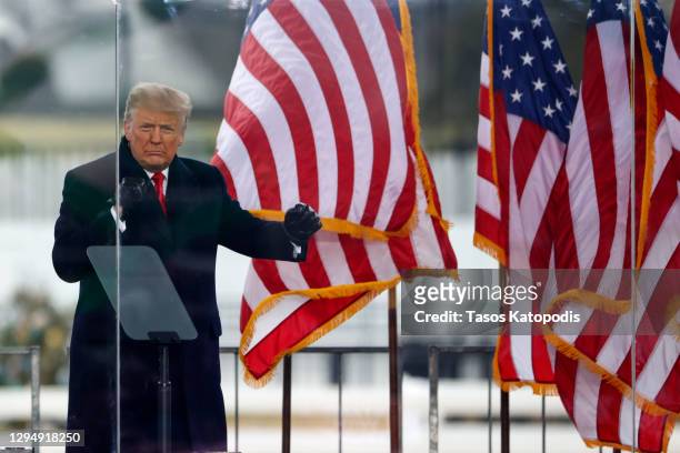 President Donald Trump greets the crowd at the "Stop The Steal" Rally on January 06, 2021 in Washington, DC. Trump supporters gathered in the...