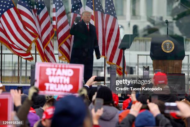 President Donald Trump greets the crowd at the "Stop The Steal" Rally on January 06, 2021 in Washington, DC. Trump supporters gathered in the...