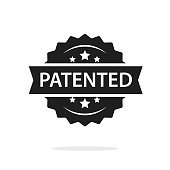Patented label badge vector stamp black and white, intellectual property copyright protection tag seal isolated, success patent, licensed sign
