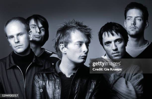 Studio portrait of Radiohead, Phil Selway, Jonny Greenwood, Thom Yorke, Colin Greenwood, Ed O'Brien, Luna theater, Brussels, Belgium, 5th December...