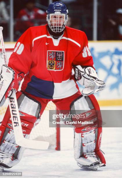 Goalie Dominic Hasek of the Czech Republic plays in an ice hockey game against Russia during the Men's Ice Hockey tournament of the 1998 Winter...