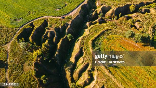 aerial view of ravine in the river valley - fault geology stock pictures, royalty-free photos & images