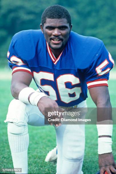 Linebacker Lawrence Taylor of the New York Giants poses for a portrait during a training camp practice at Pace University in August, 1983 in...