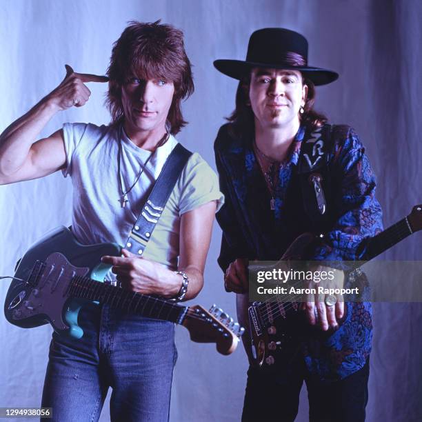 Mexico City Jeff Beck and Stevie Ray Vaughn pose for a portrait circa 1985 in Los Angeles, California
