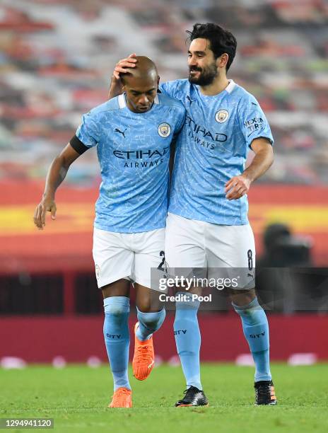 Fernandinho of Manchester City celebrates with Ilkay Guendogan of Manchester City after he scores his sides second goal during the Carabao Cup Semi...