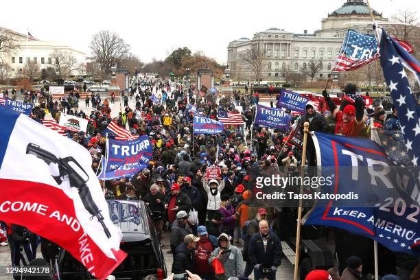 Protesters gather on the U.S. Capitol Building on January 06, 2021 in Washington, DC. Pro-Trump protesters entered the U.S. Capitol building after...