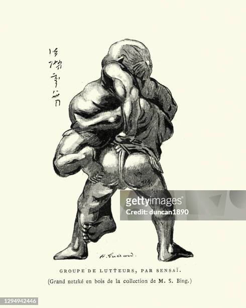sumo wrestling, wrestlers grappling, japanese art - sujo stock illustrations