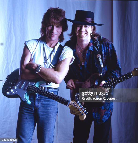 Mexico City Jeff Beck and Stevie Ray Vaughn pose for a portrait circa 1985 in Los Angeles, California