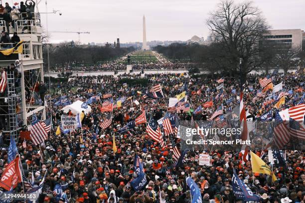 Trump supporters gather outside the U.S. Capitol building following a "Stop the Steal" rally on January 06, 2021 in Washington, DC. A pro-Trump mob...
