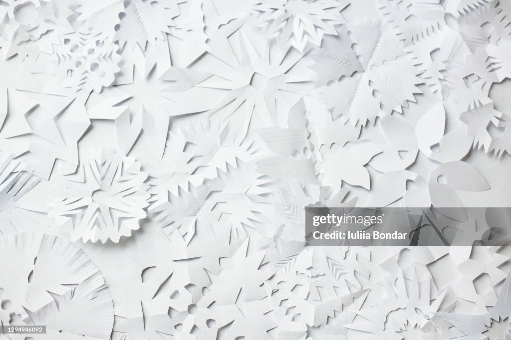 Paper snowflake cutouts on white background.