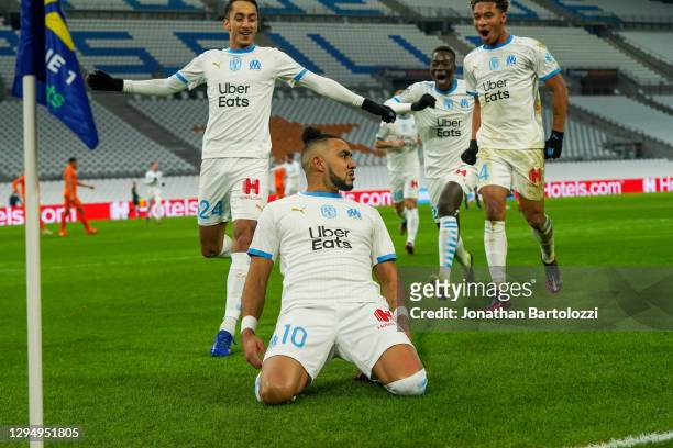 Dimitri Payet celebration during the Ligue 1 match between Olympique Marseille and Montpellier HSC at Stade Velodrome on January 06, 2021 in...