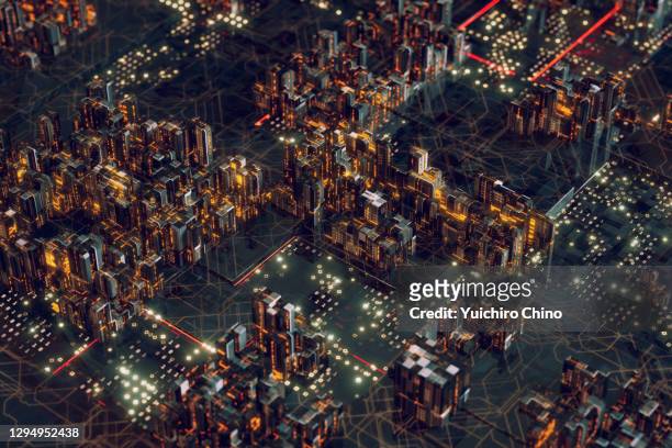 futuristic circuit board night city - big city fotografías e imágenes de stock