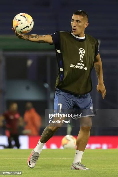Ricardo Centurión of Velez warms up before a semifinal first leg match between Velez and Lanus as part of Copa CONMEBOL Sudamericana 2020 at Jose...