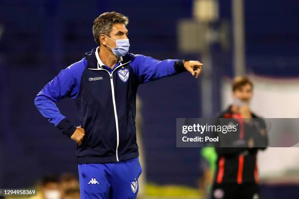 Mauricio Pellegrino coach of Velez gestures during a semifinal first leg match between Velez and Lanus as part of Copa CONMEBOL Sudamericana 2020 at...