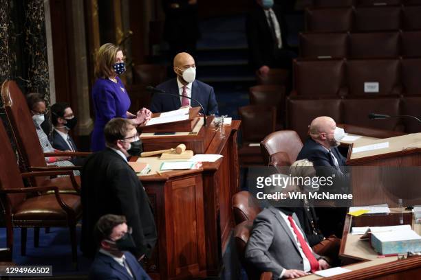 Speaker of the House Nancy Pelosi speaks in the House Chamber during a reconvening of a joint session of Congress on January 06, 2021 in Washington,...