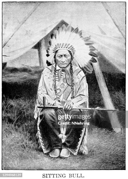 stockillustraties, clipart, cartoons en iconen met halftoon print van sitting bull, hunkpapa lakota chief - native americans 1800s